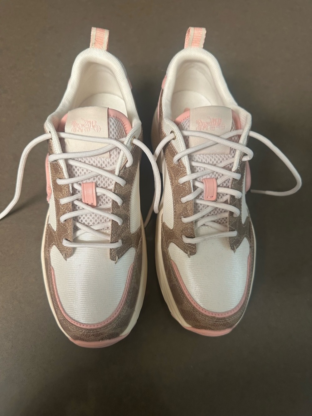 Coach White, Pink & Brown Chunky Lace-Up Sneakers